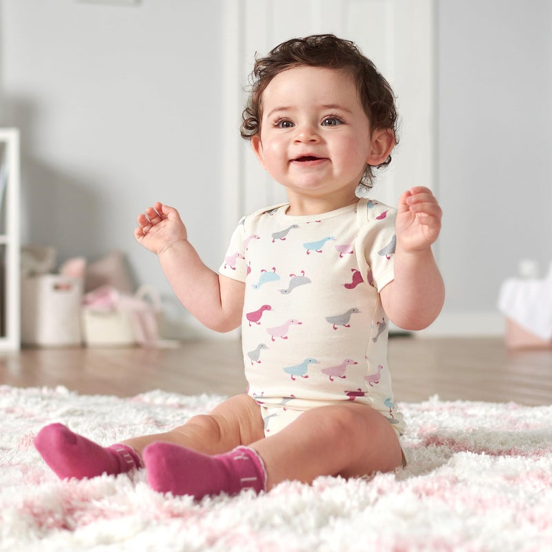 Grow by Gerber Baby Girls 5-Pack Short-Sleeve Onesies Bodysuits, Grey/Pink/Ivory, 6-9 Months - Image 2